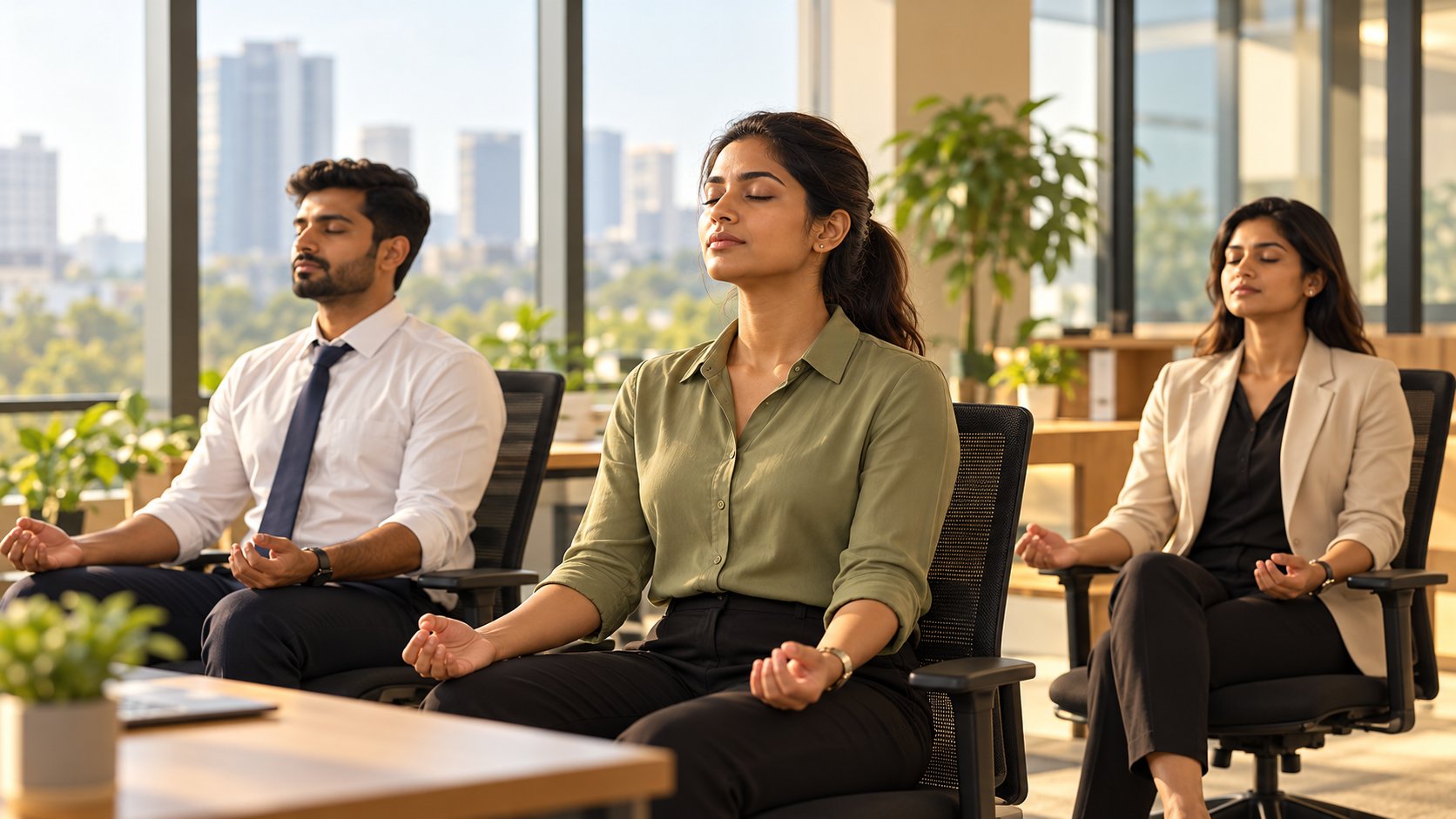 Illustrative image of office professionals taking a short wellbeing pause